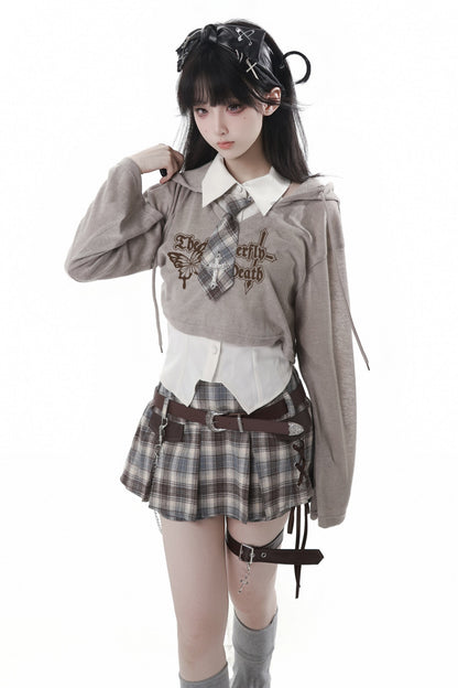 Y2k Hooded Crop Top + Sleeveless Shirt With Tie + Plaid Culottes