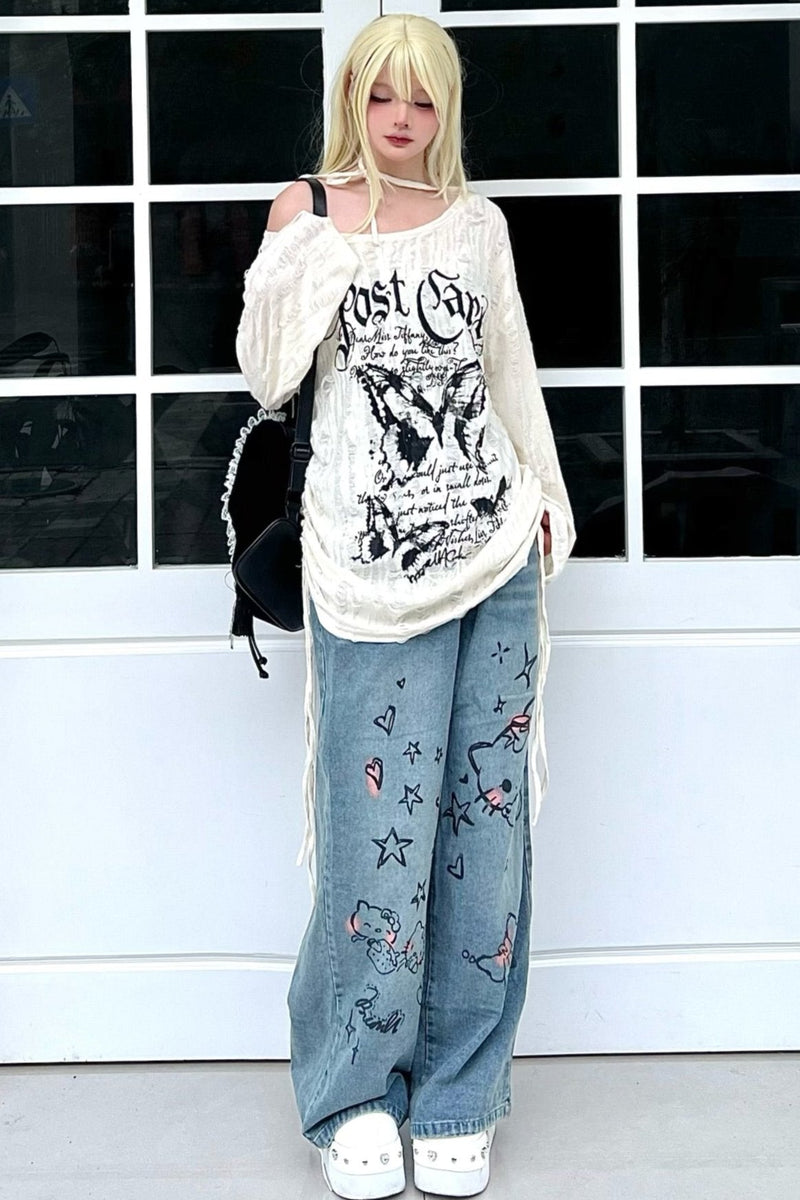 Butterfly Tie Off-shoulder Distressed Top Set