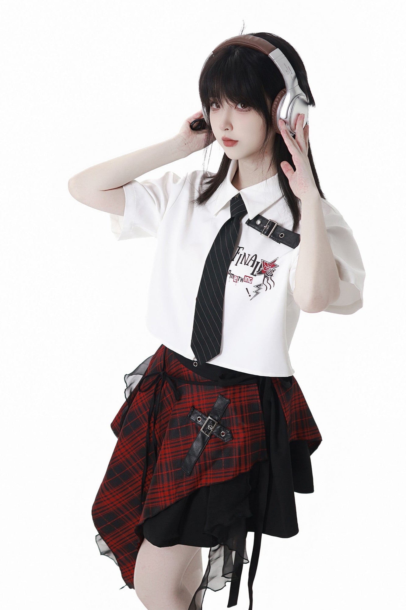 Contrast Shirt + Checkered Skirt + Black Skirt + Wide Pants + Tie