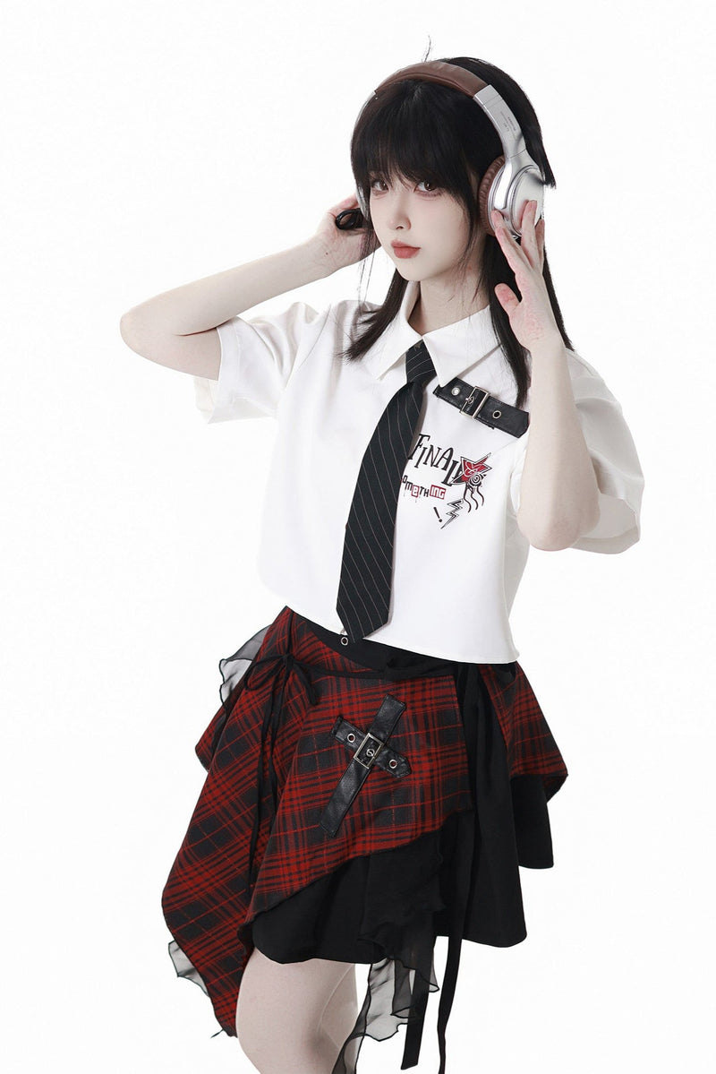 Contrast Shirt + Checkered Skirt + Black Skirt + Wide Pants + Tie