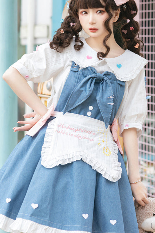 Light Raw Denim Lolita Jumper-skirt + Doll Innerwear + Apron