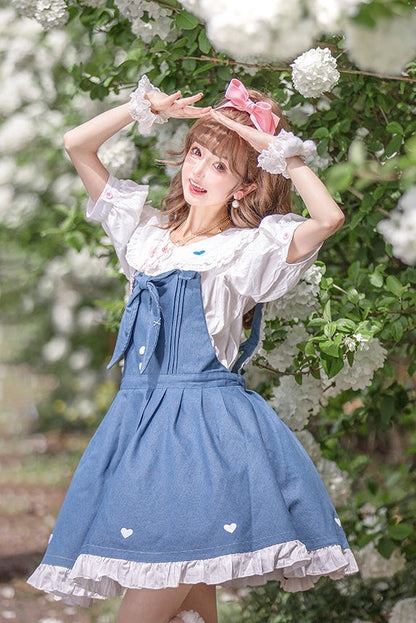 Light Raw Denim Lolita Jumper-skirt + Doll Innerwear + Apron