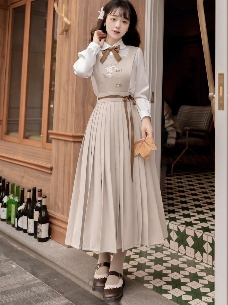 College Style Jacket + Suspender Skirt + Ribbon Blouse
