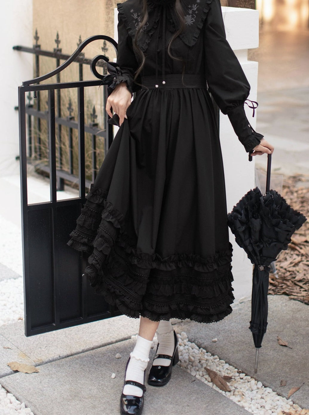 Retro French Leg-of-mutton Dark Dress + Belt