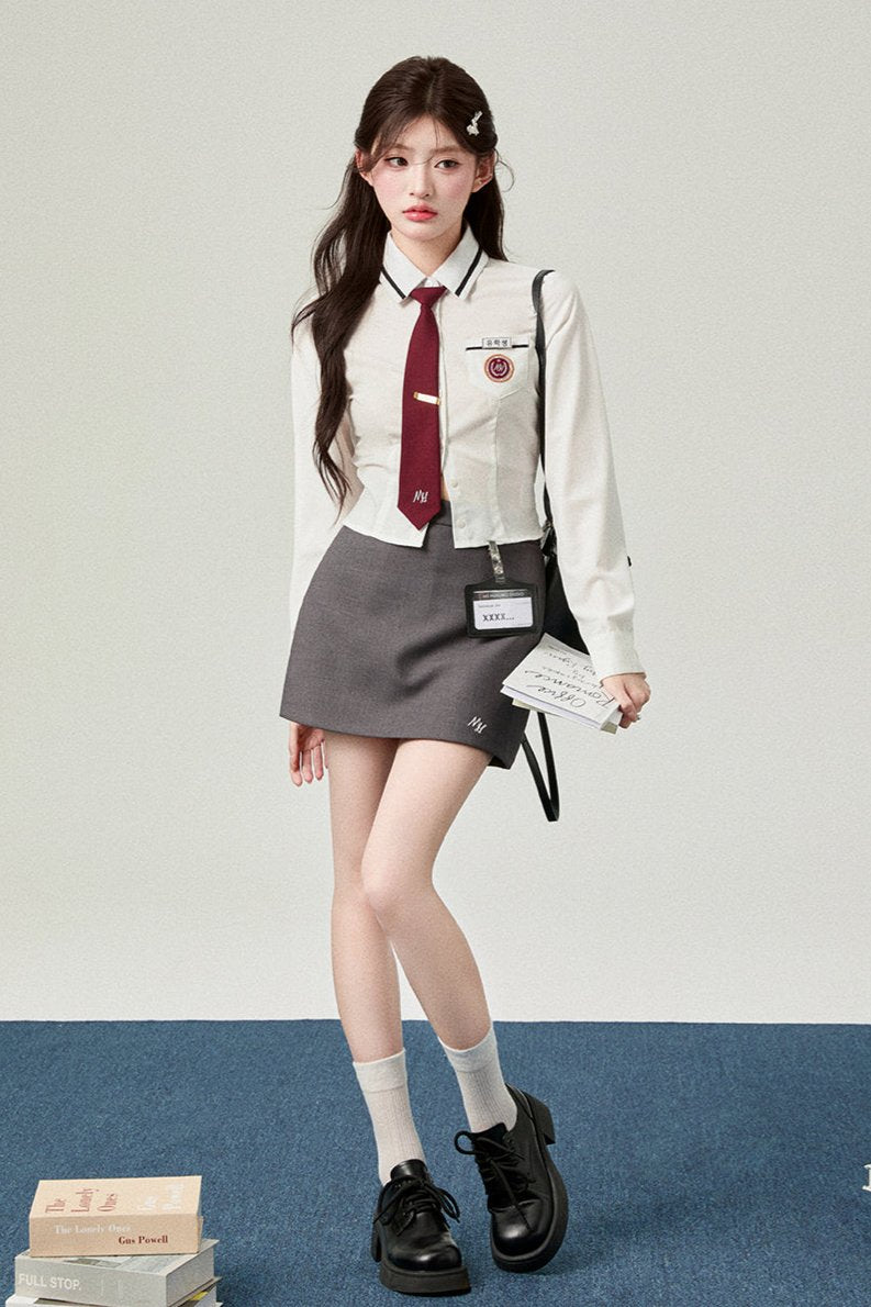 Korean White Waist Cinched Shirt + Gray Back Hip Skirt