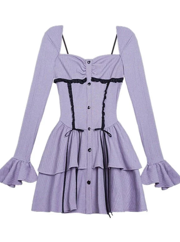 Purple Knit Ruffle Design Dress