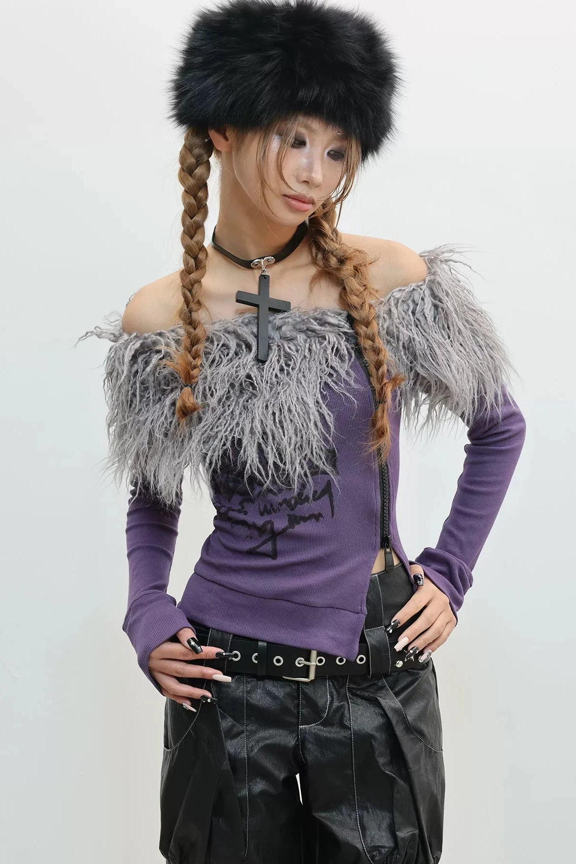 Zip Faux Fur Shoulder Top