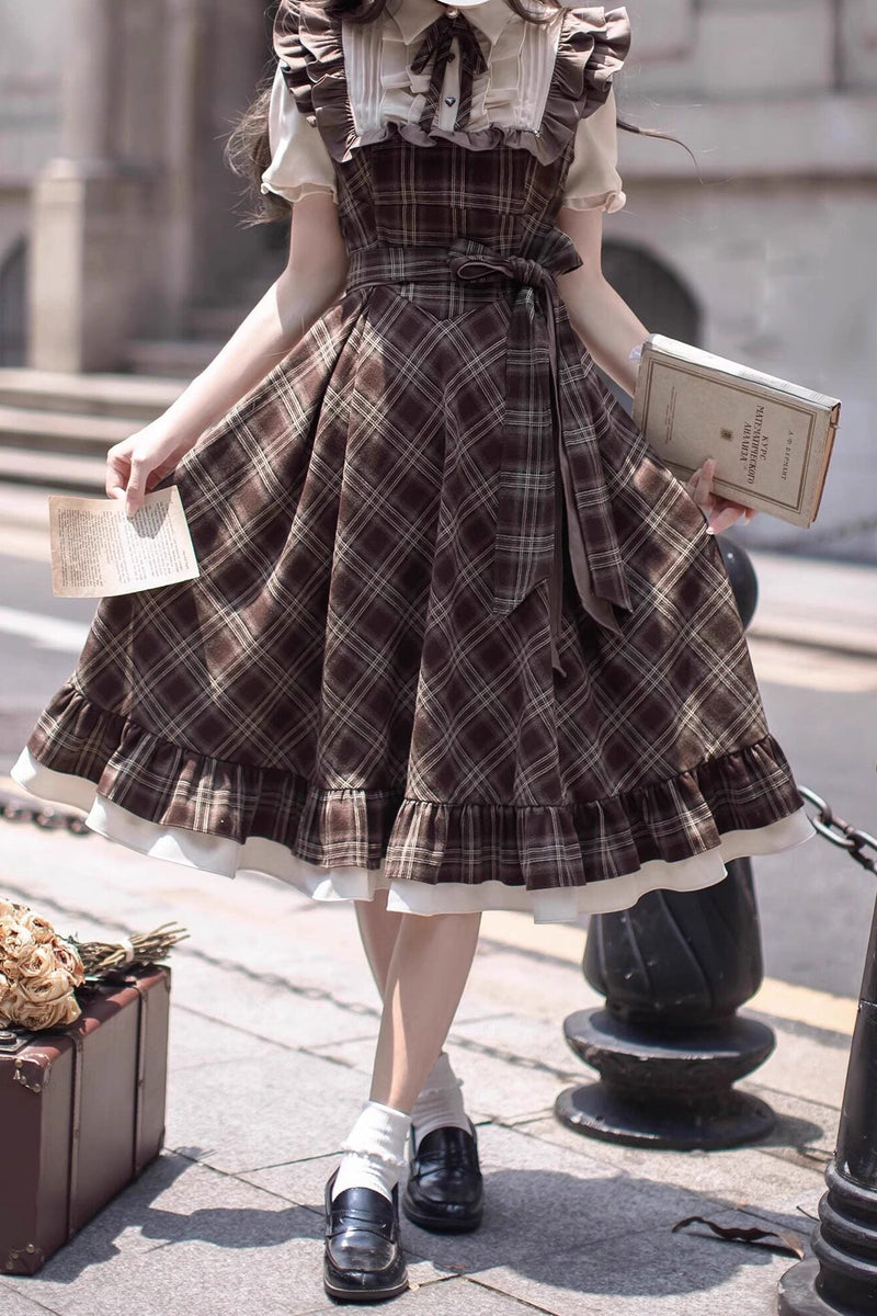 Retro Brown Plaid Volume Sleeveless Layered Dress + Pearl Ribbon Accessory + Classic Belt Coat [pre-order]