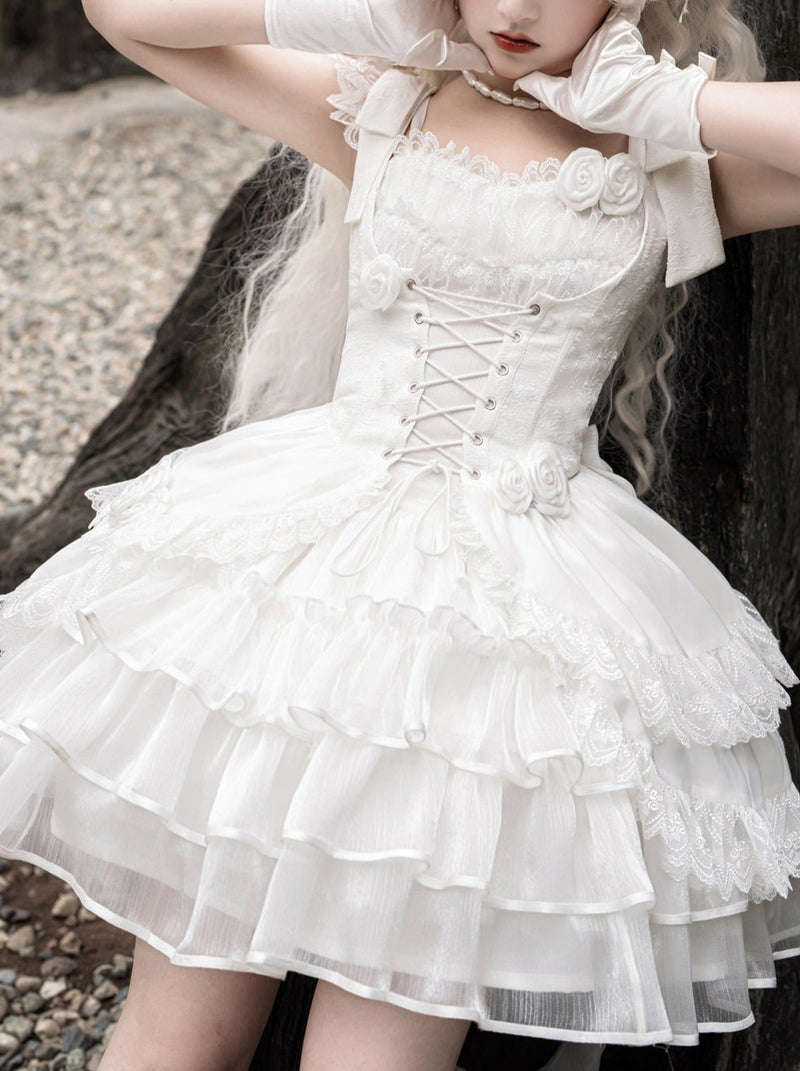 Lolita Wedding Rose Lace-up Tiered Bustier & Suspender Dress Set
