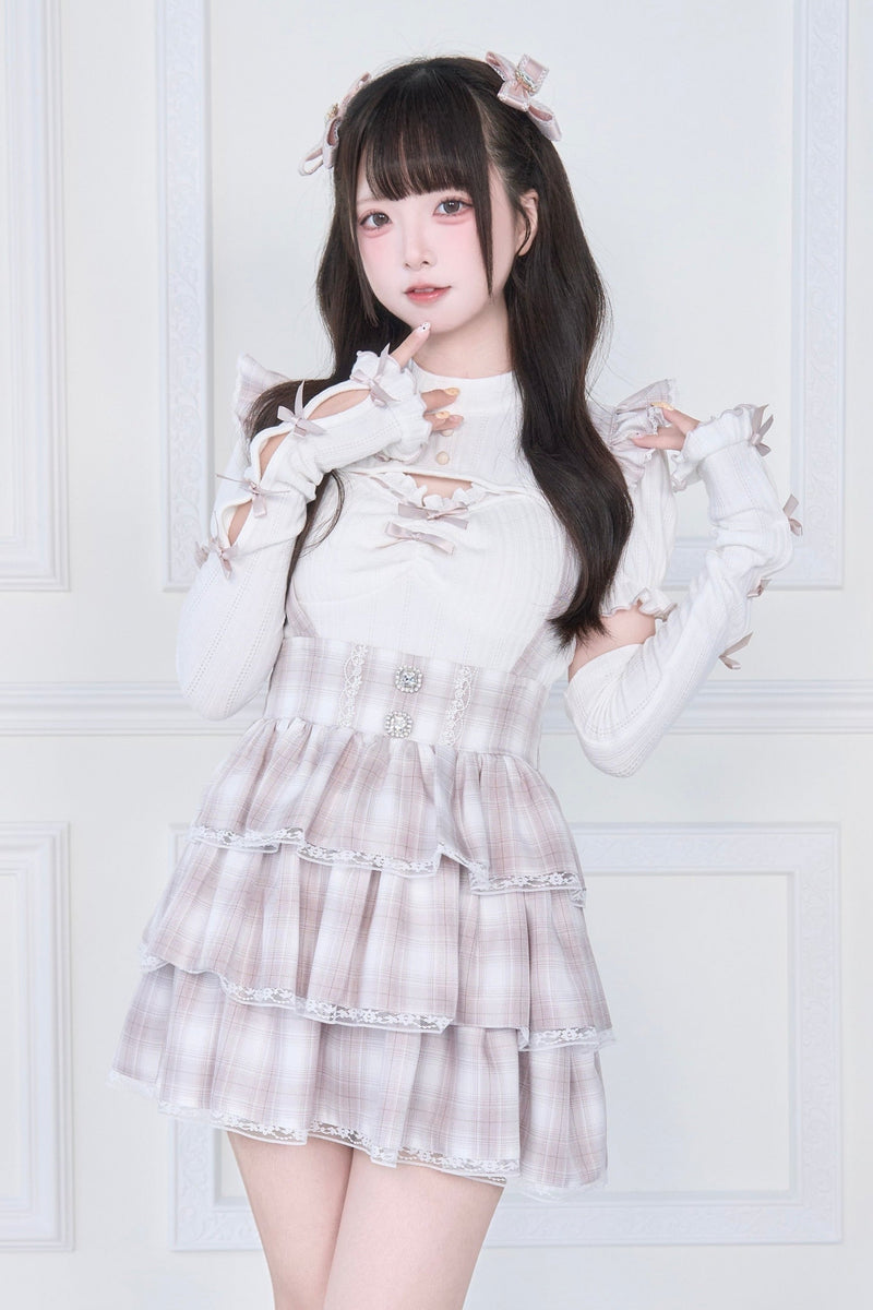 [pre-order] Knit Top With Ribbon Sleeves + Gothic Cross Lace Up Skirt