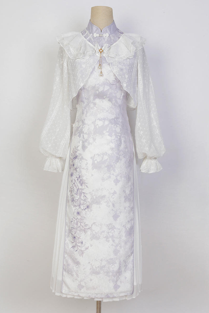 Light Purple Flower Chinese-style Dress + Ruffle Sheer Cardigan
