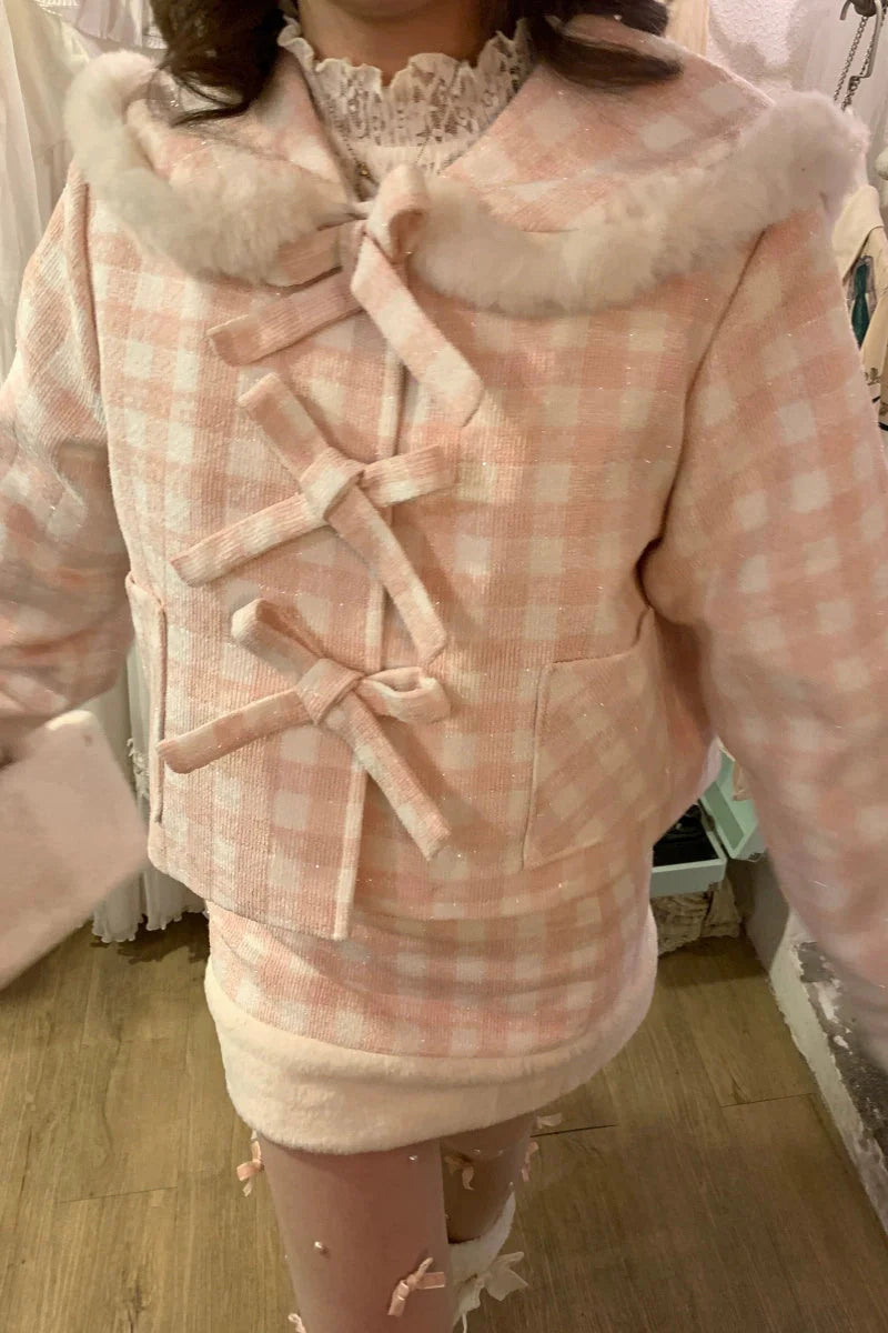 Peach Plaid Sweet Bow Coat + Plaid Tight Skirt + Fur Plaid Skirt