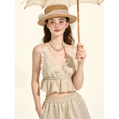 Pastille Style Khaki Lace Camisole + Shirt + Shorts