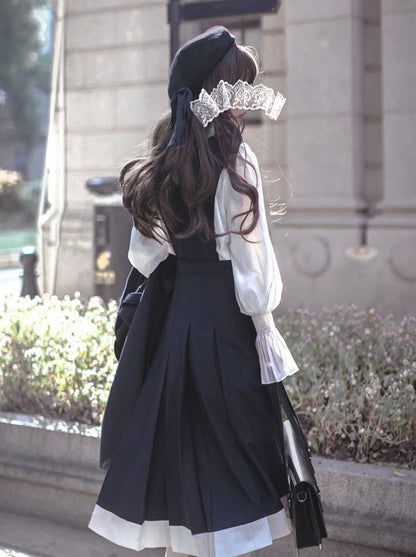 College Style Retro Ruffle Chiffon Blouse + Cyan Dress + Beret + Emblem + Necktie