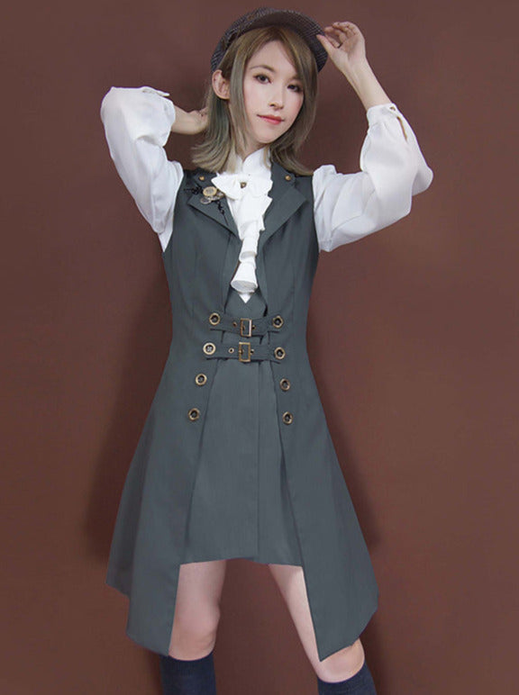 Steam Retro College Style Suit Collar Sleeveless Vest Dress [short/long]