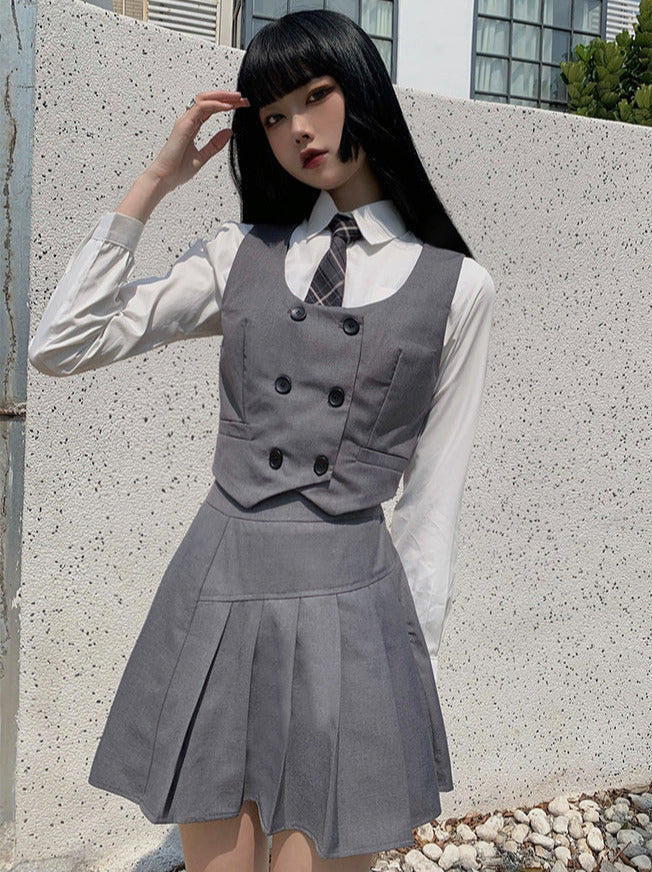 Plaid Necktie Shirt + Double-breasted Vest + Asymmetric Pleated Skirt