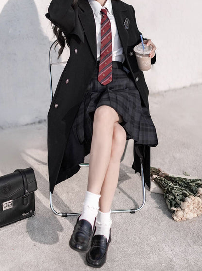 College Black Trench Coat + Metal Badge + Embroidery Ribbon Shirt + Pleated Skirt