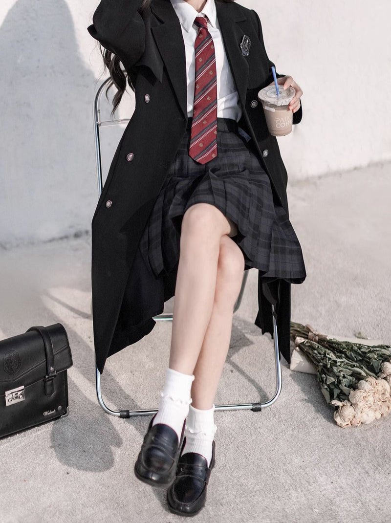 College Black Trench Coat + Metal Badge + Embroidery Ribbon Shirt + Pleated Skirt
