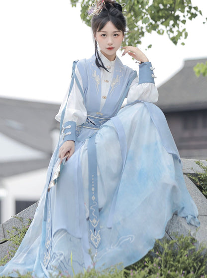 [pre-order] Light Blue Chinese-style Skirt + Tassel Long Vest + Chinese-style Blouse + Chinese-style Design Belt