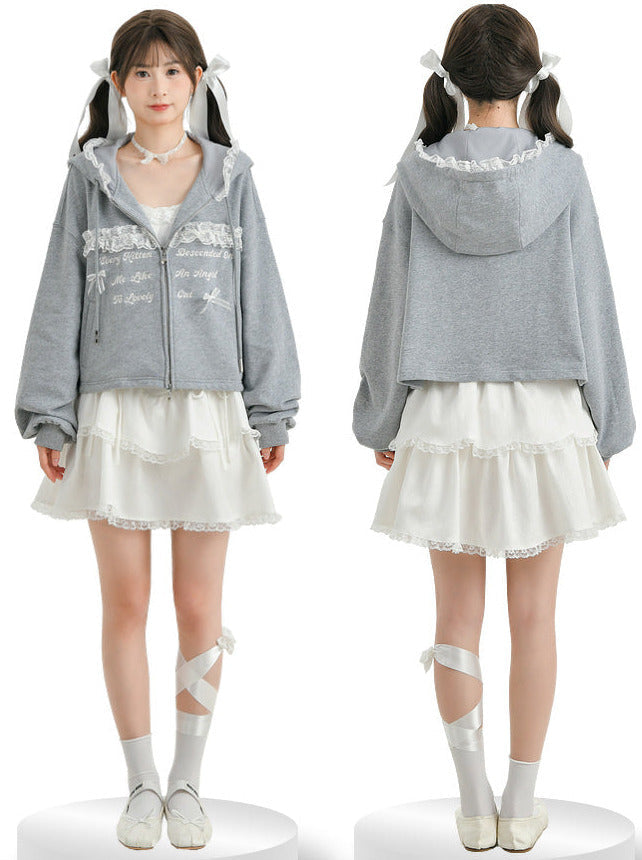 Lace Embroidery Gray Zip Hoodie + Gray Long Skirt [pre-order]