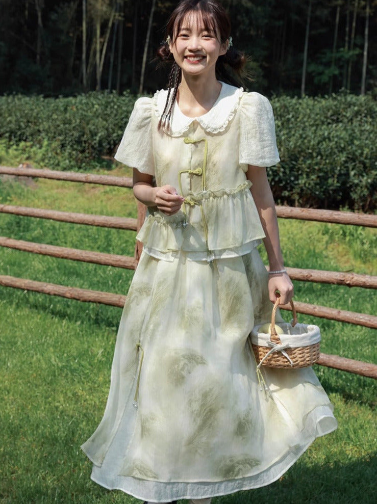 Chinese-style Tassel Chiffon Ruffle Layered Set