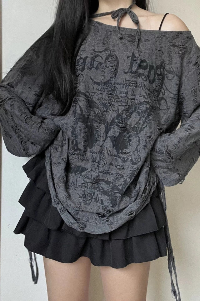 Butterfly Tie Off-shoulder Distressed Top Set