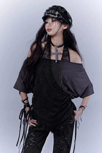 Sheer Off Shoulder Lace Halter Top