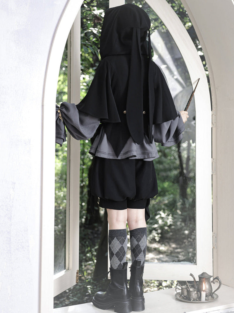 Rabbit Retro Dark Cool Rabbit Ears Hoodie Set [cape Coat / Blouse / Short Pants]