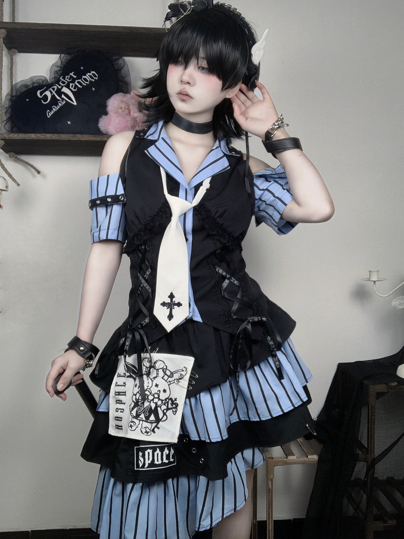 Code Rabbit Original Off Shoulder Striped Shirt + Asymmetric Striped Tiered Skirt + Cross Necktie