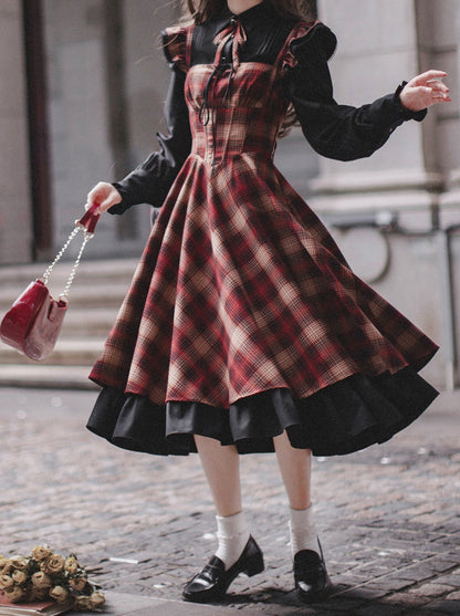 Retro Suit Black Ruffle Sleeve Shirt + Plaid Ruffle Shoulder Layered Dress + Ribbon Accessories [pre-order]