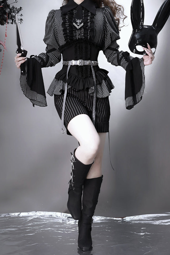 [pre-order] Dark Striped Gusset-sleeved Shirt + Corset + Skirt
