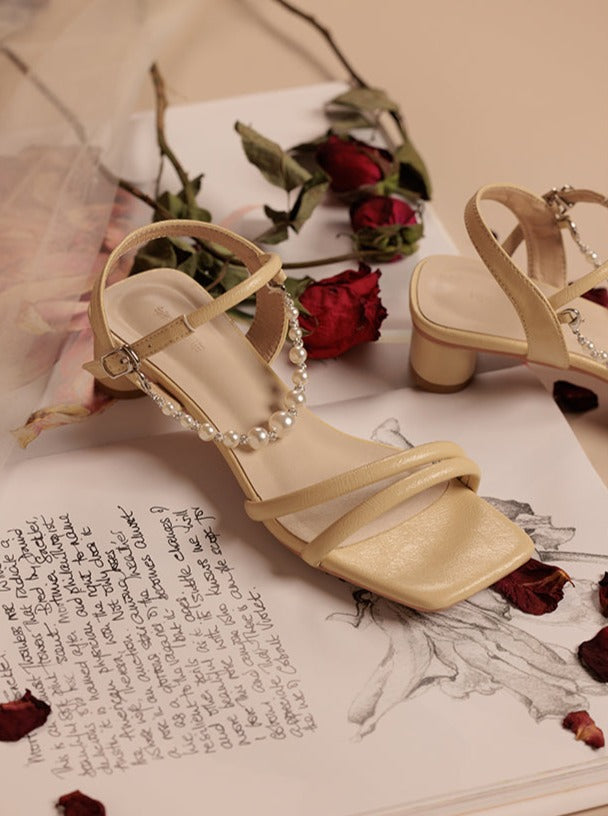 Pearl Chain Strap Square Sandals