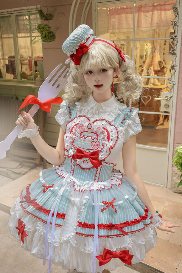 [pre-order Deadline: April 3] Twin Tiered Lolita Dot Ribbon Striped Dress + Flower Bud Skirt Dress