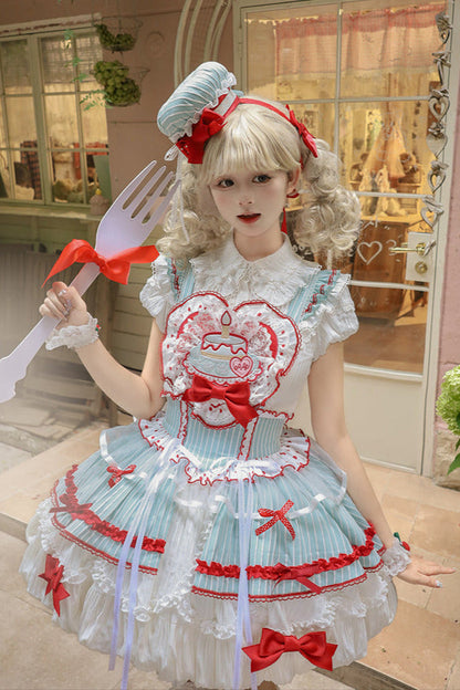 [pre-order Deadline: April 3] Twin Tiered Lolita Dot Ribbon Striped Dress + Flower Bud Skirt Dress