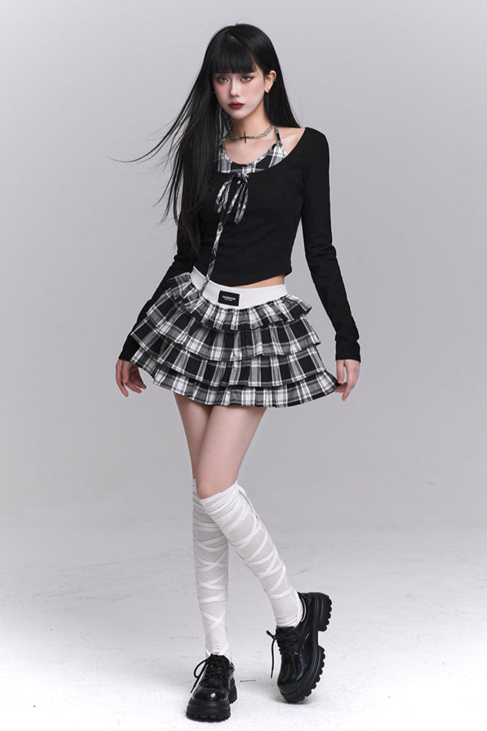 Plaid Top + Short Puff Skirt
