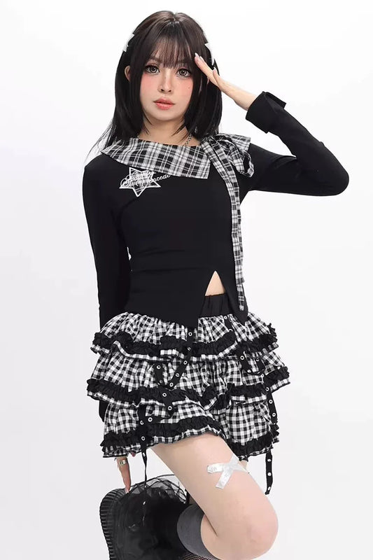 Plaid Fitted Slit Top
