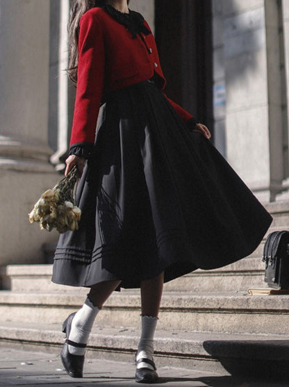 Retro Suit Red Short Jacket + Black Ruffle Lantern Sleeve Dress + Ribbon Tie