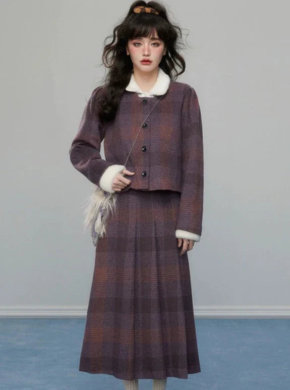 Retro Dark Purple Check Jacket + Long Skirt