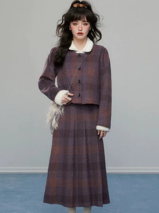 Retro Dark Purple Check Jacket + Long Skirt