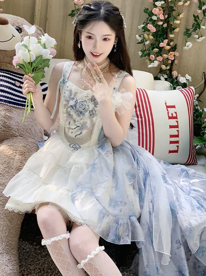 Ballet Style Fishbone Suspender Dress + Sheer Blue Skirt
