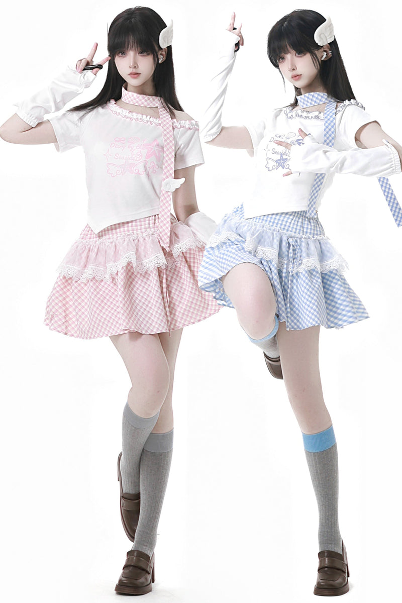 Pastel Sweet Twin T-shirt With Scarf + Puff Skirt + Arm Covers
