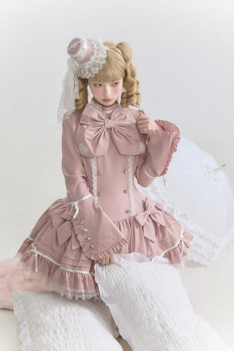 [pre-order Deadline: April 25] Phantom Cat Sweet Ribbon Stripe Lace Bell Sleeve Lolita Dress