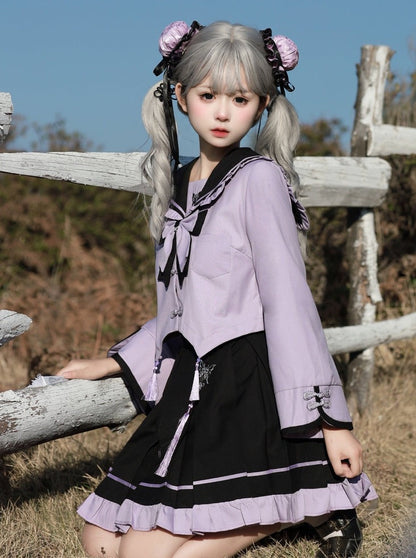 Chinese-style Sailor Top + Short Skirt + Long Skirt + Chain + Ribbon