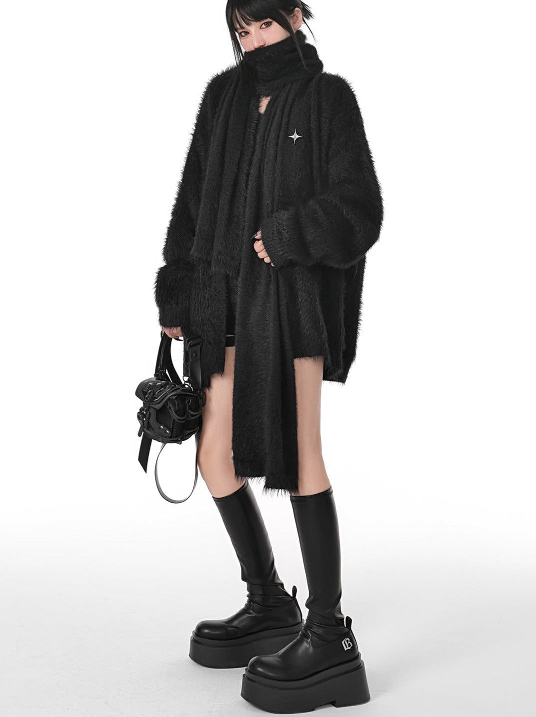 Metal Star Dark Style Loose Knit Cardigan With Scarf