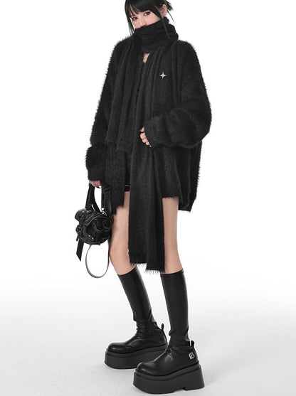 Metal Star Dark Style Loose Knit Cardigan With Scarf
