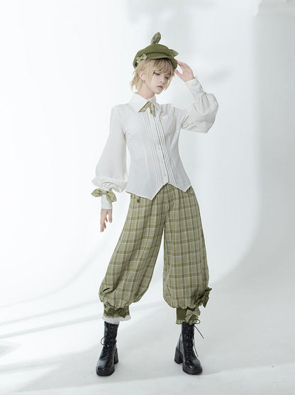 Secret Morning Post Green Tea Color Retro Sweet Cool Vest Shirt Cropped Pants