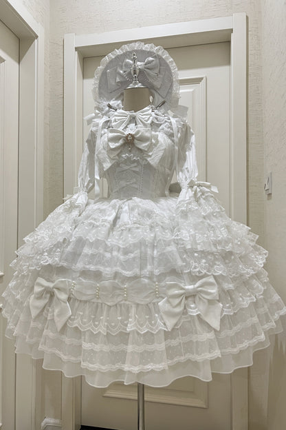 [pre-order] White Sugar Doll Princess Sleeve Suspender Dress Suit + Bonnet Hat
