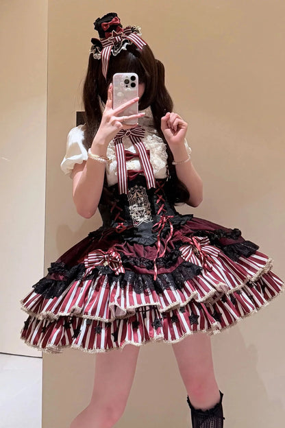 [pre-order Deadline: May 20] Magical Girl Lolita Lace Puff Sleeve Shirt + Black X Red Ribbon Corset Tiered Dress + Mini Hat