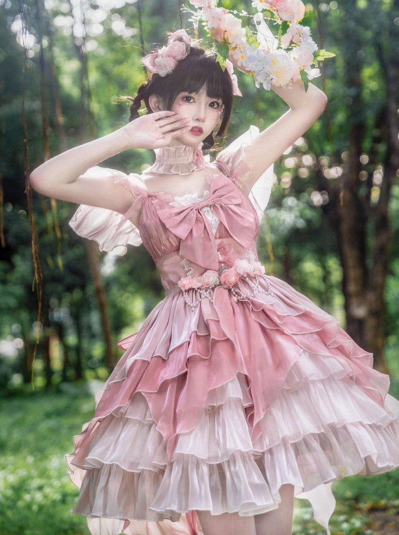 Sweet Pink Ribbon Wedding Lolita Dress + Waist Chain + Tail + Hair Accessory + Accessory