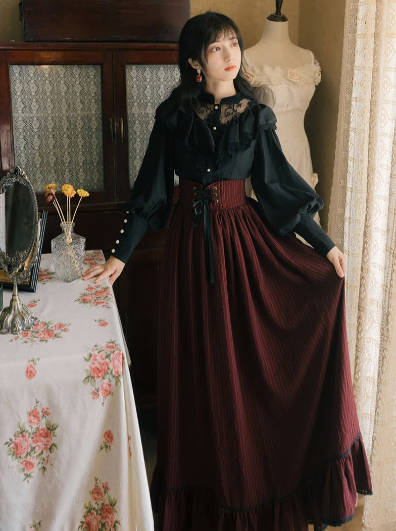 Ruffle Lace Blouse + Striped Corset Skirt